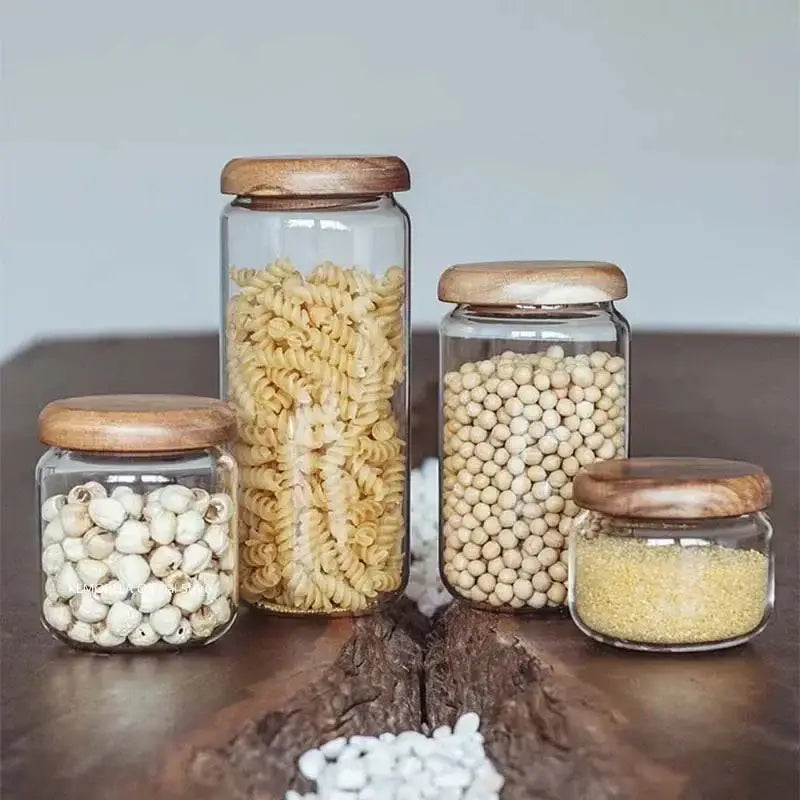 Elegant acacia wood lid glass food storage jars kitchen set by Decorbites